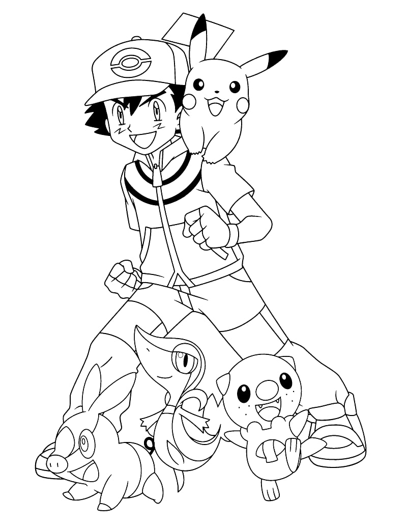 Coloriage Ash Ketchum Avec Ses Animaux De Compagnie