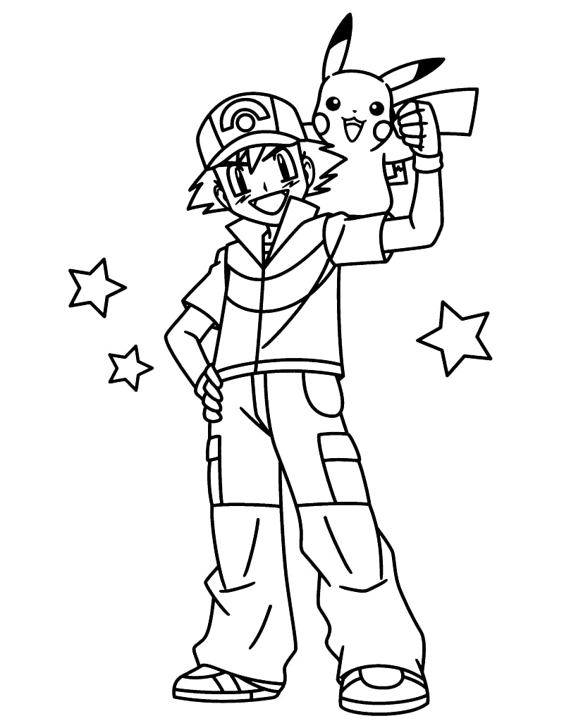 Coloriage Ash Ketchum Et Pikachu Avec Des Étoiles