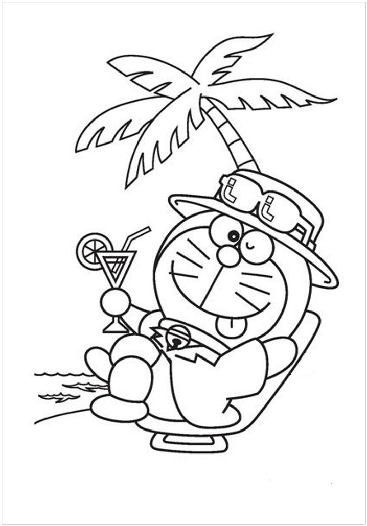 Coloriage Doraemon Boit Du Jus Sur La Plage