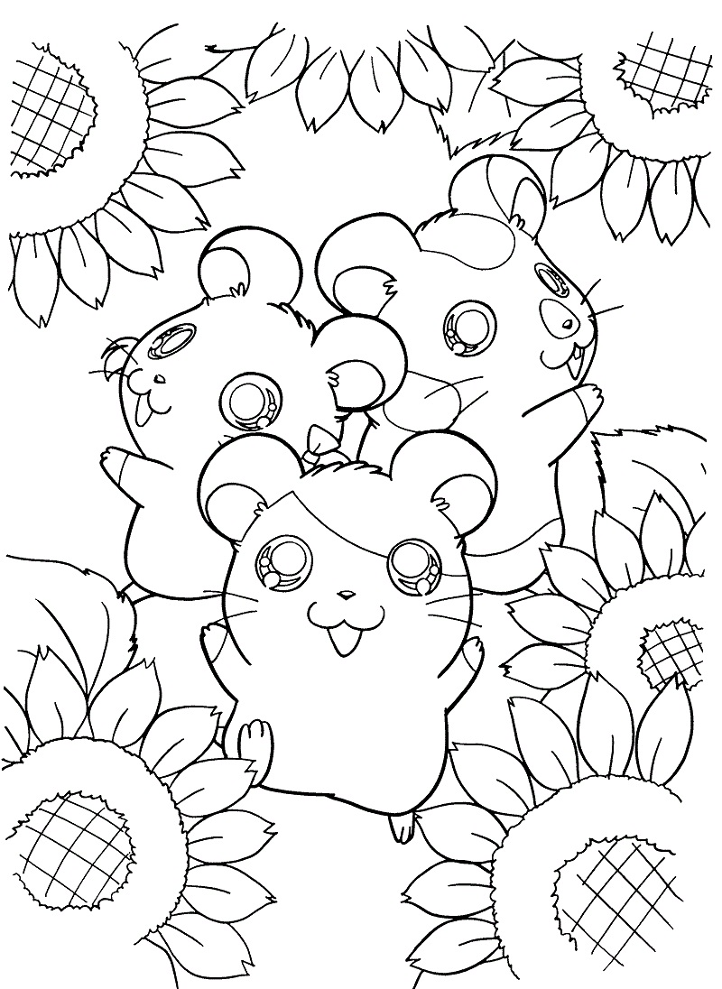 Coloriage Hamtaro Et Ses Amis Avec Des Fleurs