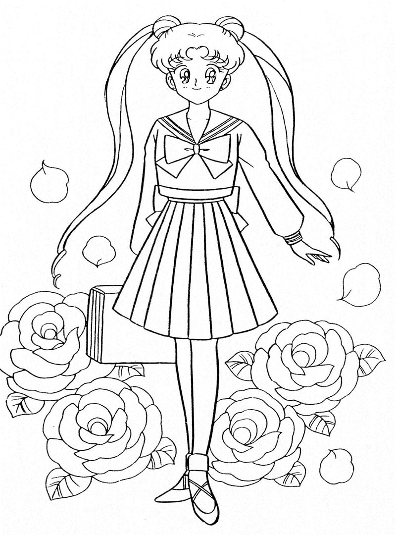 Coloriage Usagi Tsukino avec des fleurs