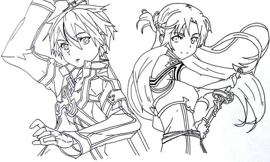 Coloriage Image de contour d'Asuna et Kirito