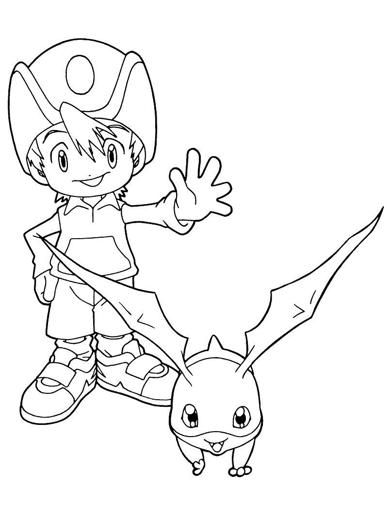 Coloriage Digimon Takaishi avec Patamon