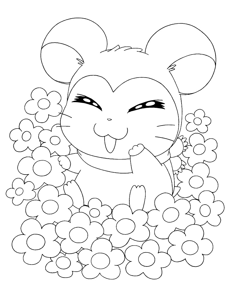 Coloriage Hamtaro porte un châle à fleurs