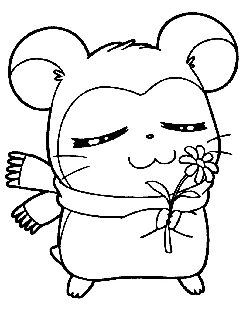 Coloriage Hamtaro porte une écharpe joyeuse avec des fleurs