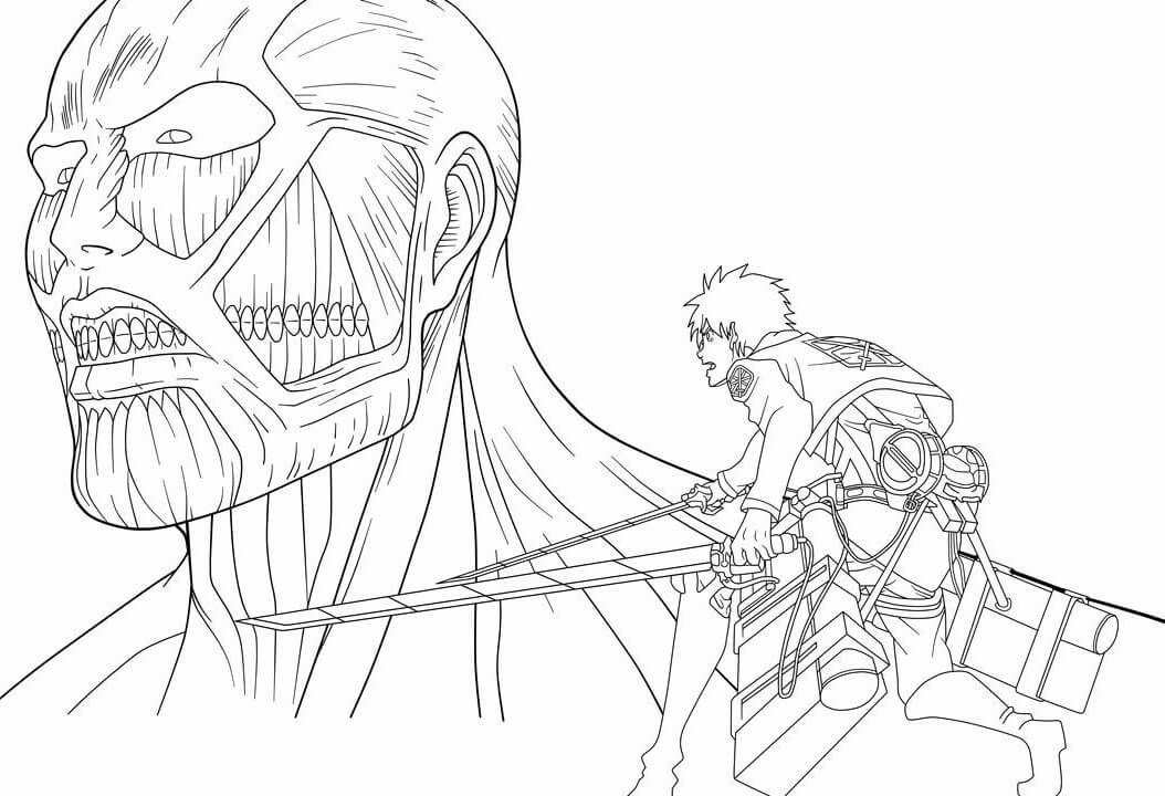 Coloriage Eren contre le titan colossal