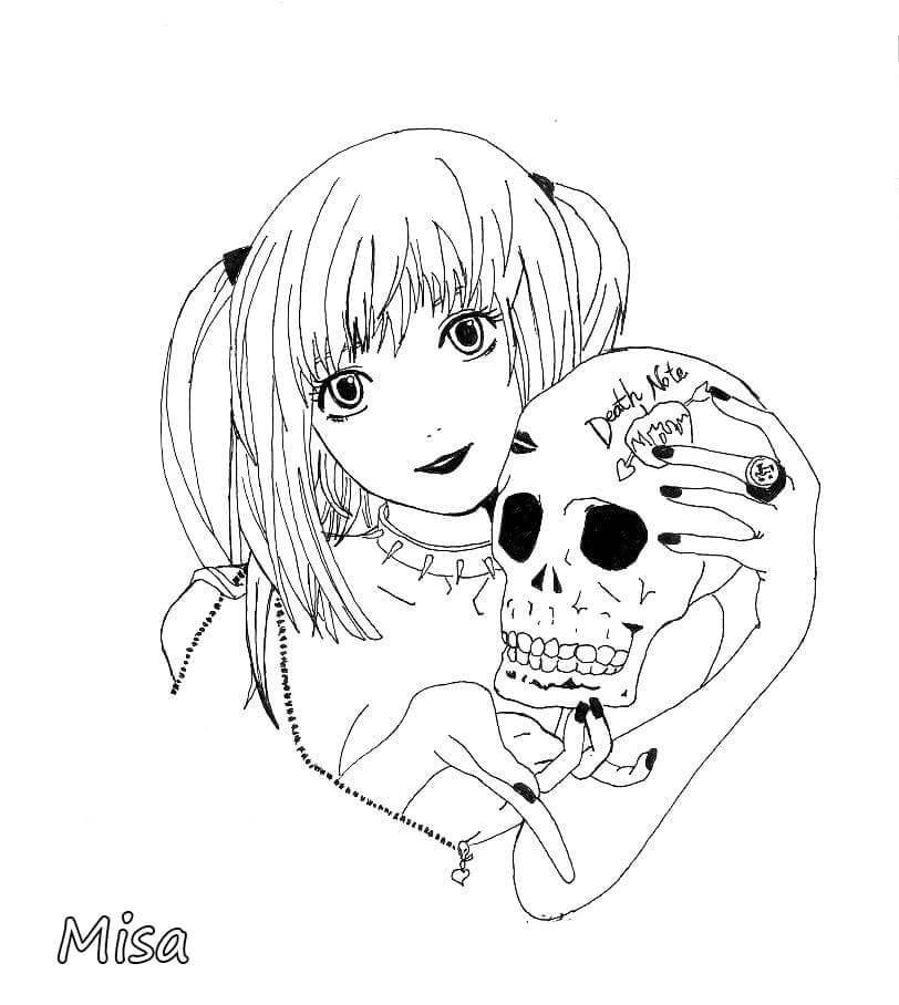 Coloriage Misa Amane avec un crâne