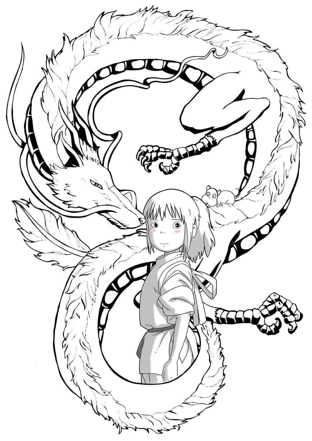 Coloriage L'esprit de la rivière et Chihiro de Le Voyage de Chihiro