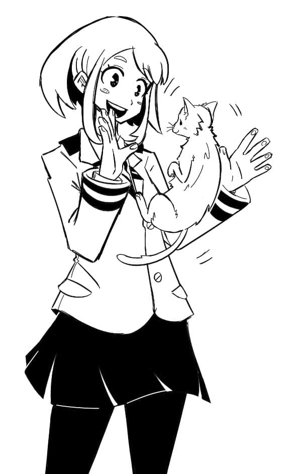 Coloriage Ochaco Uraraka et le chat