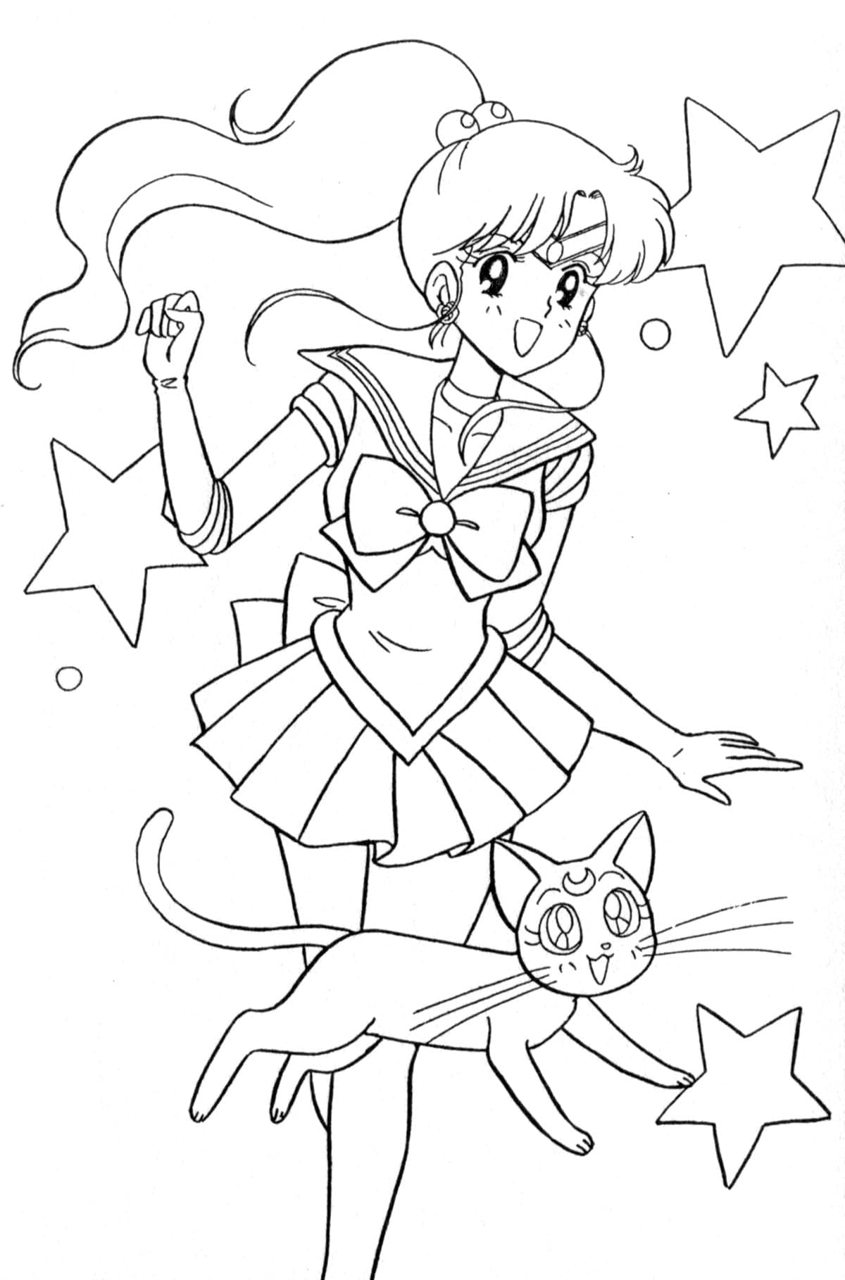 Coloriage Sailor Jupiter et le chat