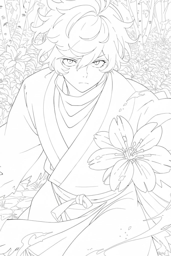 Coloriage Gabimaru avec des fleurs