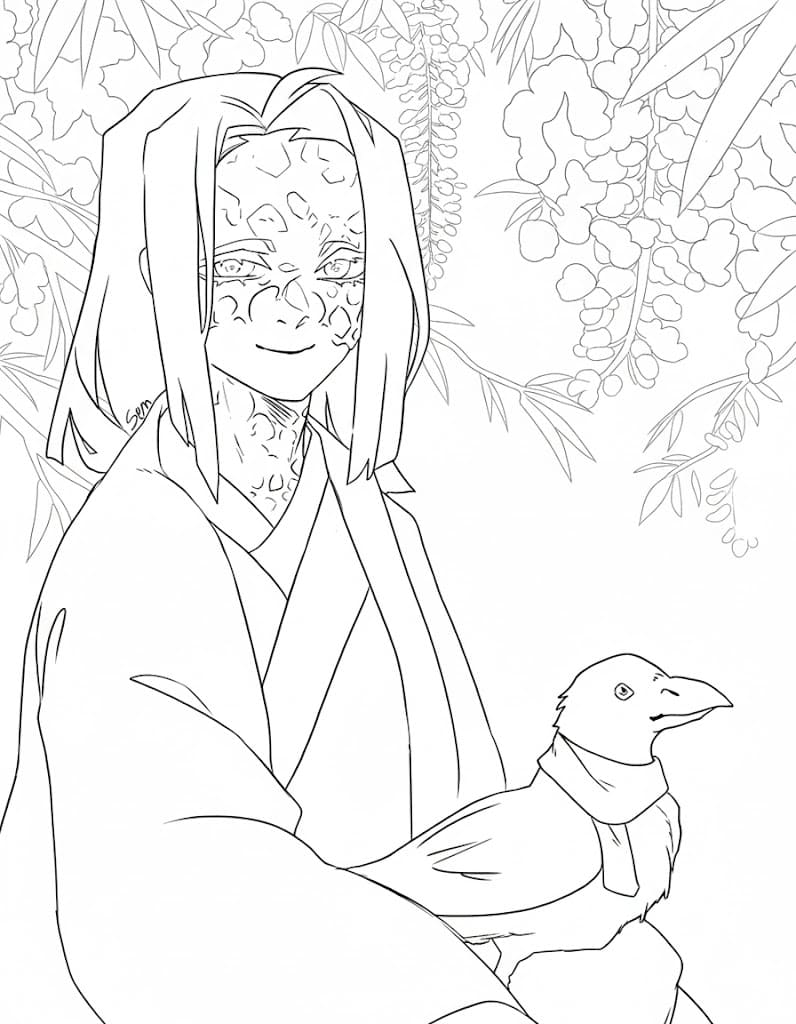 Coloriage Kagaya Ubuyashiki avec un corbeau