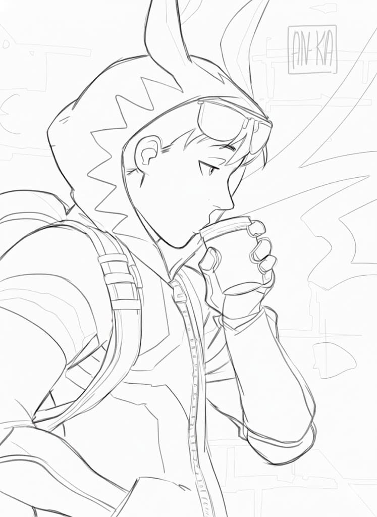 Coloriage Koichi Haimawari boit du thé