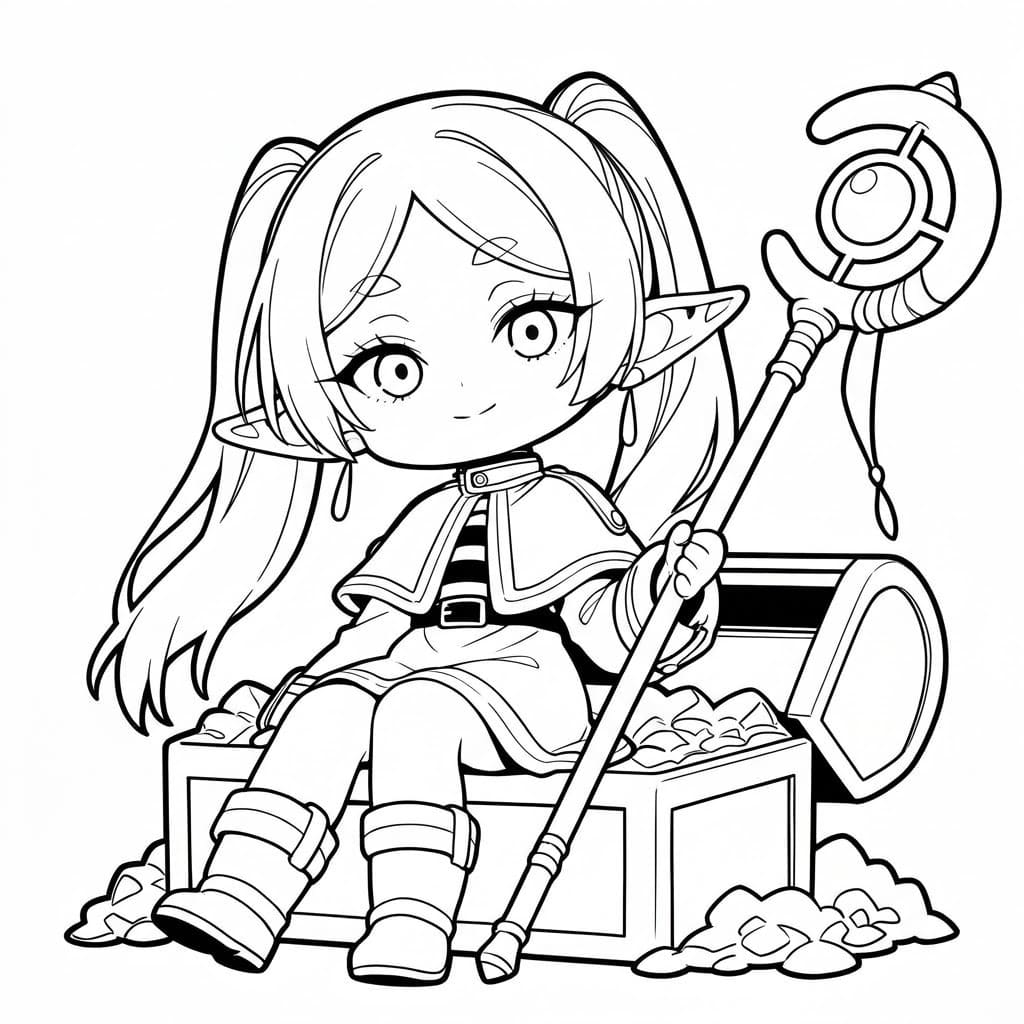 Coloriage Frieren assit sur le coffre