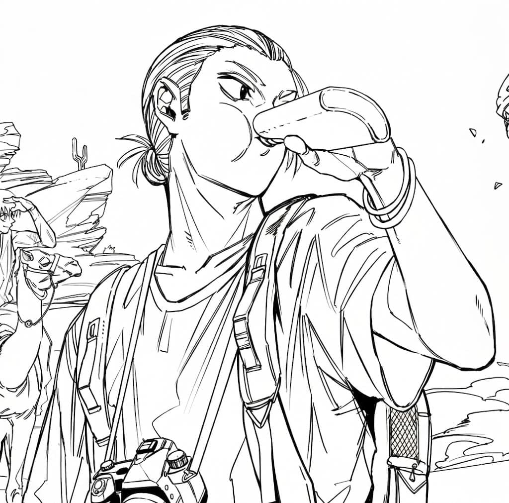 Coloriage Taro Sakamoto boit l'eau