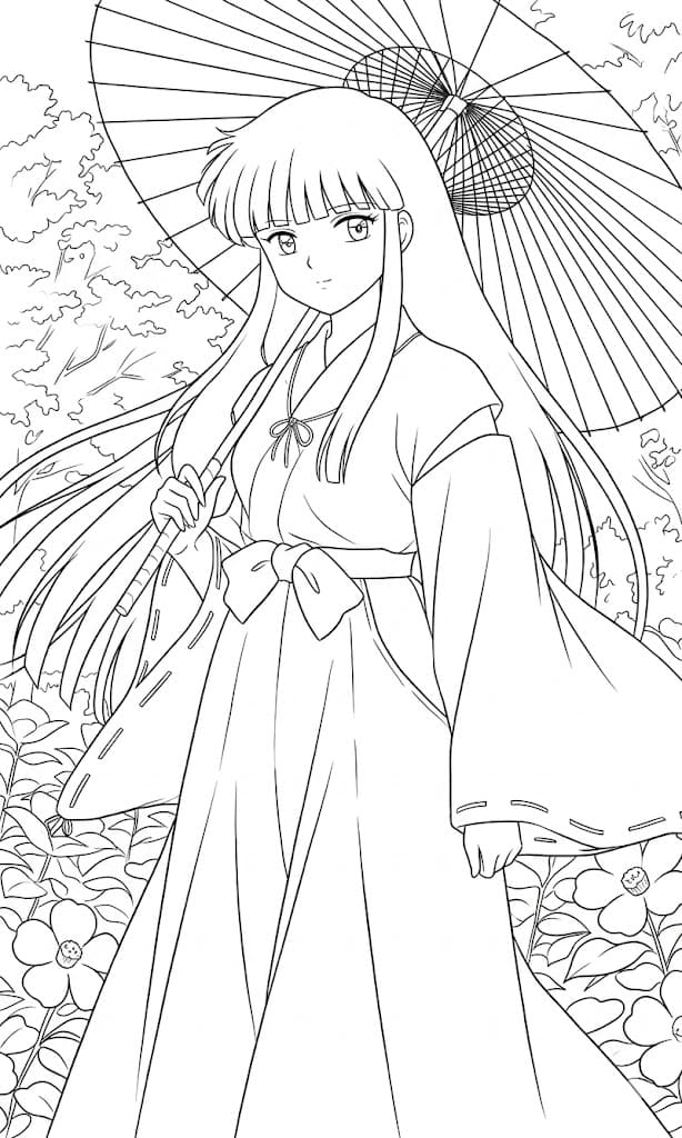 Coloriage Kikyō avec parapluie