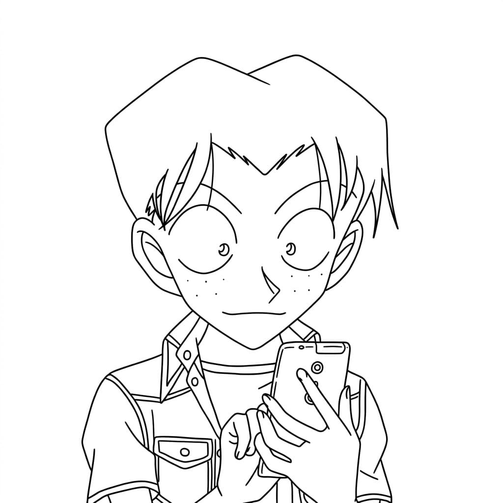 Coloriage Mitsuhiko Tsuburaya regarde son téléphone